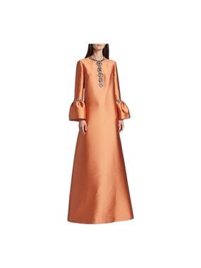 Reem Acra Women’s Embellished Bell Sleeve Mikado Brick Satin Gown Size Large